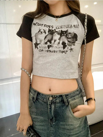 Damen T-Shirt Y2k Print Slim Graphic Sommer Koreanische Mode Harajuku Streetwear Kurzarm Ästhetische Kleidung