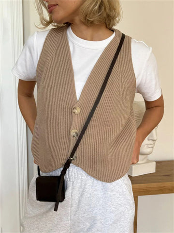 Camiseta sin mangas informal de punto con cuello en V para mujer, nueva camiseta abotonada, sin mangas, ajustada, para salir a la playa y vacaciones, 2024 