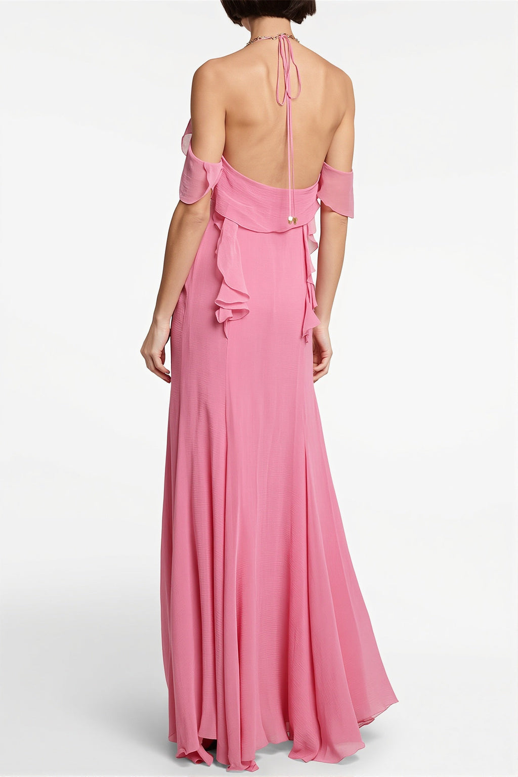 Deep V Halter Pink Ruffle Maxi Dress