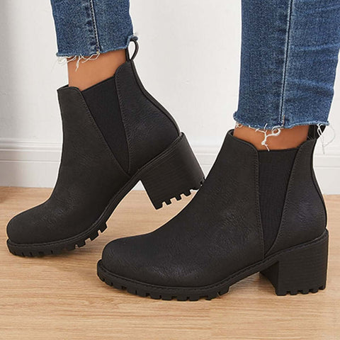 Chelsea-Stiefel aus Kunstleder mit Profilsohle, Schlupfstiefeletten mit dickem Absatz 