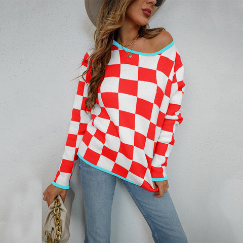 Frühherbst Pullover Plaid Colorblock Pullover Rundhals Top Strickwaren Bottoming Shirt 