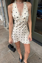Polka Dot Lace Trim Halter V Neck Mini Dress