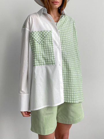 Long Sleeves Loose Buttoned Contrast Color Plaid Pockets Split-Joint Lapel Blouses&Shirts Tops