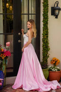 Whimsical White-Pink Strapless Beaded Mermaid Formal Gown