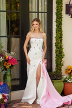 Whimsical White-Pink Strapless Beaded Mermaid Formal Gown