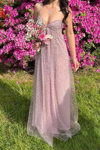 Encantador Vestido Formal de Noche con Lentejuelas A-Line de Tirantes Espagueti y en Tono Empolvado