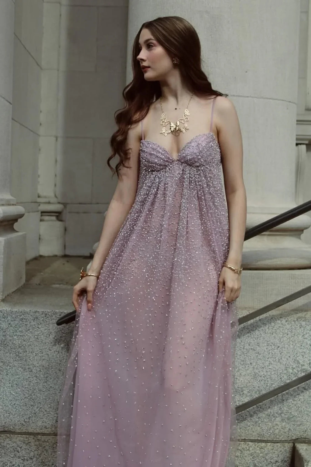 Encantador Vestido Formal de Noche con Lentejuelas A-Line de Tirantes Espagueti y en Tono Empolvado