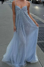 Encantador Vestido Formal de Noche con Lentejuelas A-Line de Tirantes Espagueti y en Tono Empolvado