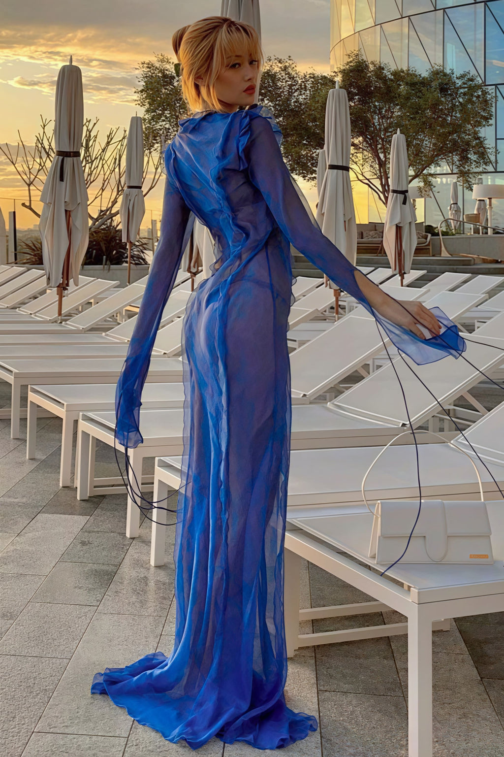 Chic Sheer V Neck Wrap Tie Slit Maxi Dress