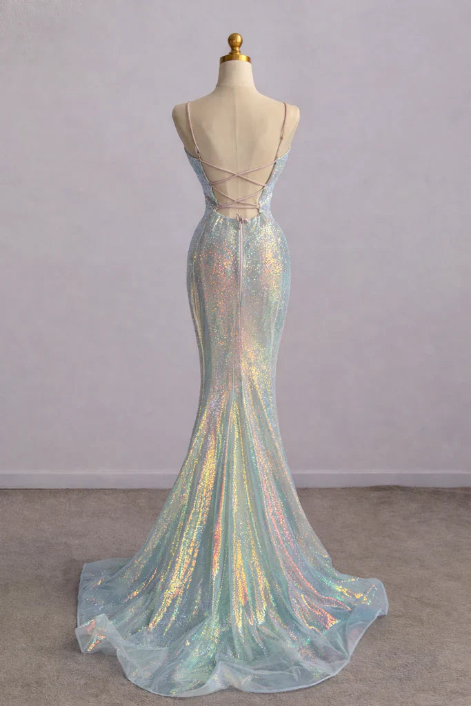 Sparkly Spaghetti Straps Mermaid V-neck Long Prom Dresses