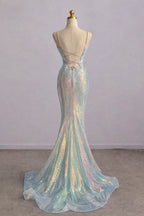 Sparkly Spaghetti Straps Mermaid V-neck Long Prom Dresses