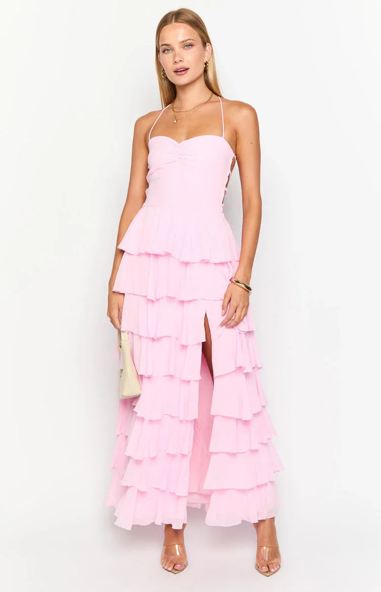 Vestido de fiesta de gasa con escote plisado, volantes escalonados y abertura alta