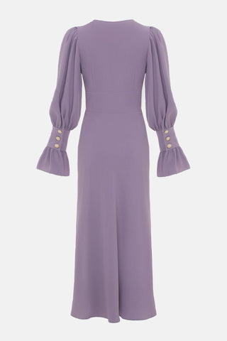Solid V-Neck Lantern Sleeve Midi Dress