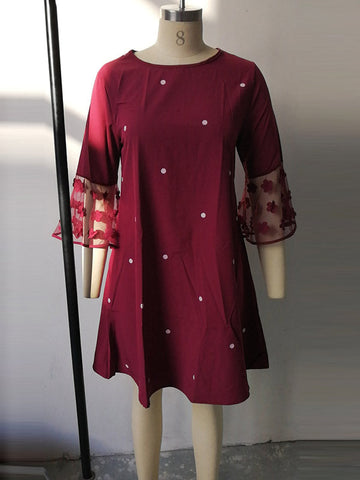 A-Line Loose Mesh Polka-Dot Split-Joint Three-Dimensional Flower Round-Neck Mini Dresses