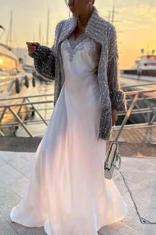 Warme, glänzende Herz-Strickjacke mit Pailletten, Ballonärmeln, Reißverschluss am Hals und lockerem Schnitt 