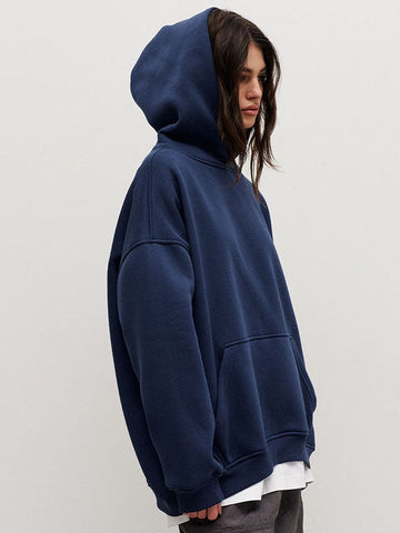 Sudadera con capucha de terciopelo de color liso con bolsillos sueltos y mangas largas 