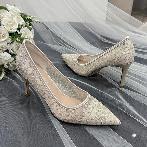 High heels women's slim heels sequins sexy mesh bridal wedding shoes bridesmaids' lace wedding shoes banquet dress shoes
