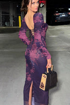 Vintage Print Lace Tie Slit Maxi Dress