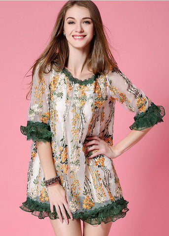 Vestido de día de organza con patchwork bordado blanco de moda para primavera 