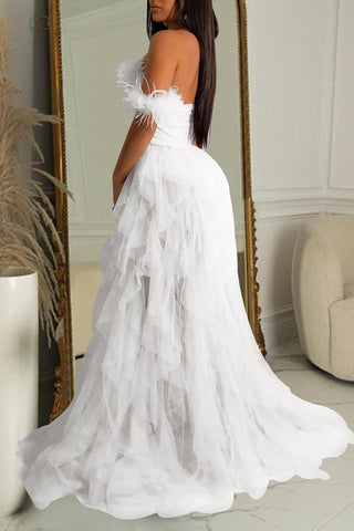 Elegantes, einfarbiges, ärmelloses Maxikleid aus Netzstoff in Wickeloptik 