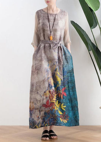Retro style silk dress linen dress gray leaf print loose simple tie waist dress