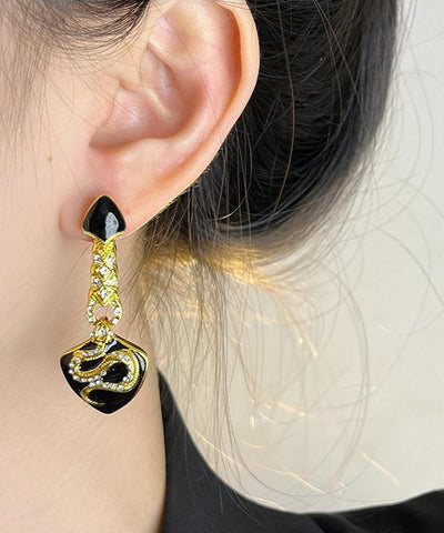 Vintage Schwarze Uraltgold Zirkon Asymmetrische Glasierte Serpentinen Form Tropfen Ohrringe 