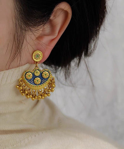 Chinese Style Gold Enamel Ancient Gold Tasse Drop Earrings