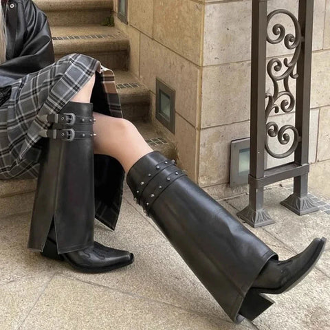 Herbst-Cowboystiefel für Damen, modisch, Schlupfstiefel, lange Rohrstiefel, quadratischer Absatz, Trend-Winterschuhe 