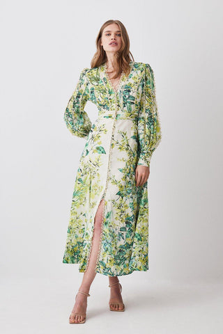 Printed Lantern Sleeve V-Neck Buckle Waist Midi Dress