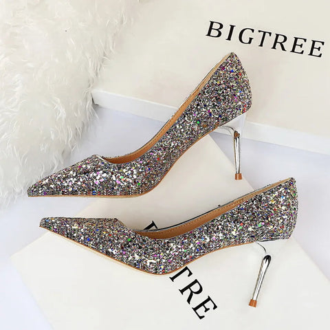 summer new  style sexy nightclub slim heels for women's skinny heels fashion glitter single shoes