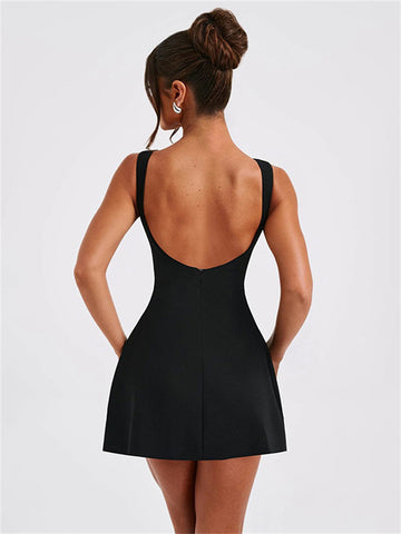 Vestido mini blanco sin espalda ajustado con parches para mujer, moda sexy de verano 2024, elegante, para fiestas, minivestido liso para mujer 