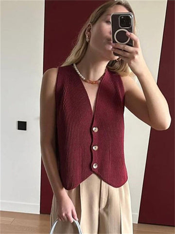 Camiseta sin mangas informal de punto con cuello en V para mujer, nueva camiseta abotonada, sin mangas, ajustada, para salir a la playa y vacaciones, 2024 