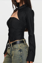 Striped Collared Buttoned Hollow Long Sleeve Blouse