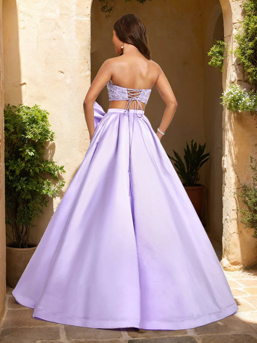 A-Line Sweetheart Beaded Two Piece Prom Dresses with Bow & Slit