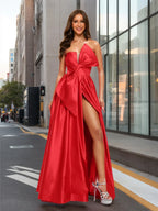 Vestidos de fiesta largos con abertura asimétrica, corte princesa/sin tirantes, con lazo 