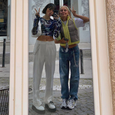 CUTENOVA Top corto sexy Y2K Vintage Harajuku con estampado gráfico de malla transparente, camiseta de manga larga acampanada, corte entallado, ropa estética para mujer 