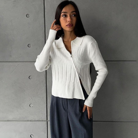 TARUXY White Knitted Cardigan Women Ribbing Turn Collar Zipper Slim Sweater Femme Autumn Winter Fashion Knitwear Cardigans Woman