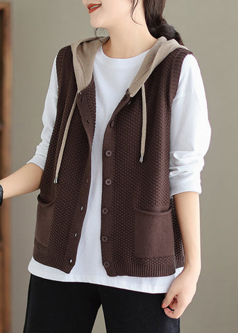 Damen Orange Rot Kapuzenknopf Baumwolle Strickweste Ärmellos 