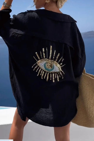 Lässige Blusen mit Patchwork-Umlegekragen und Augenaufdruck (8 Farben) 