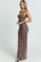 Leopard Mesh Cami Bodycon Jumpsuit Maxi Dress