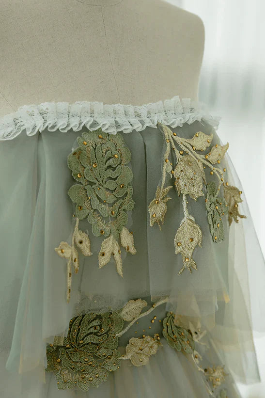 Vestido de Fiesta Largo de Tul Verde sin Hombros con Línea A Ligero