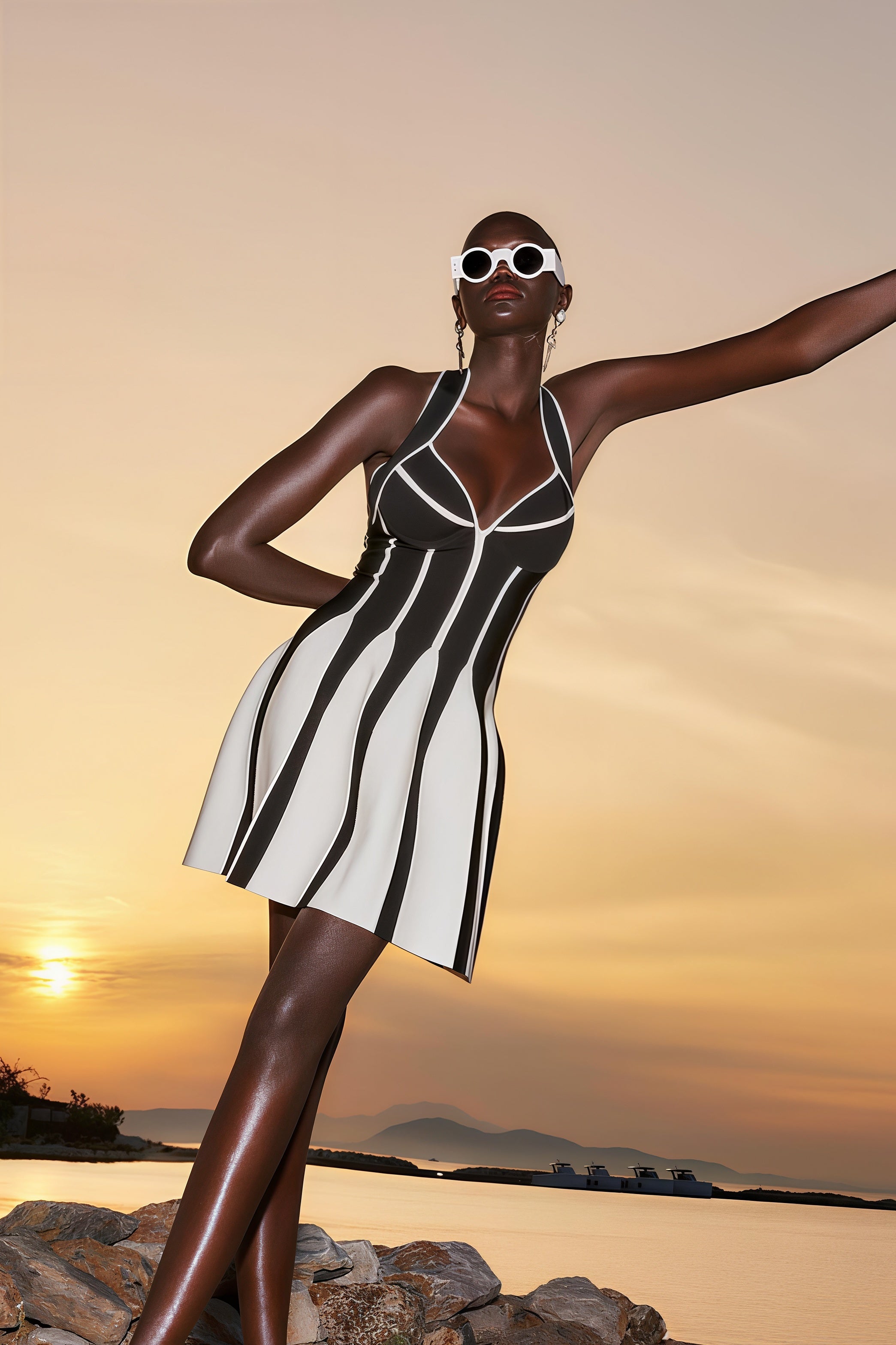 Chic Black and White Halter Waist Cinching Bandage Vacation Mini Dress