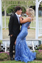 Off Shoulder Periwinkle Sequin Mermaid Long Dress with Slit