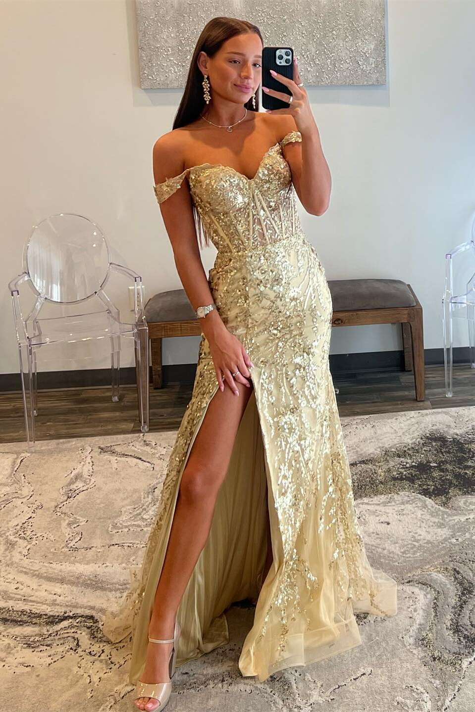 Off Shoulder Periwinkle Sequin Mermaid Long Dress with Slit