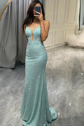 Hellgrünes Meerjungfrauen-Abendkleid mit langen Applikationen 