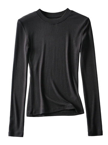 Camiseta de algodón de punto para mujer, informal, ajustada, elástica, con cuello redondo y manga larga, 2024 