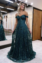 Vestido de Noche Largo de Sirena con Brillantina y Hombros Descubiertos
