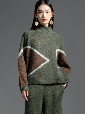 Casual Long Sleeves Loose Contrast Color Jacquard High-Neck Sweater Tops