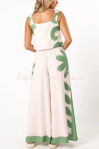 Conjunto de camiseta sin mangas con estampado elegante y pantalones anchos con cintura elástica y bolsillo 