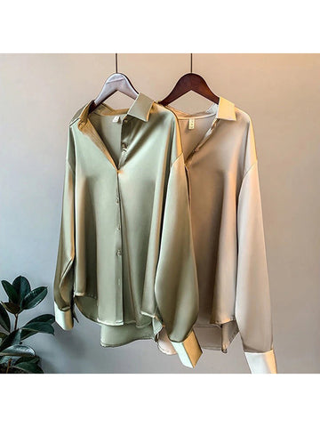 High Quality Elegant Imitation Silk Blouse Spring Women Fashion Long Sleeves Satin Blouse Vintage Femme Stand Street Shirts